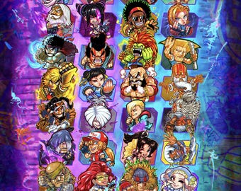 May include: A vibrant digital illustration featuring a grid of numerous stylized Street Fighter characters in a chibi art style, set against a purple and blue graffiti-textured background with the Japanese text "ストリートファイター" at the bottom.
