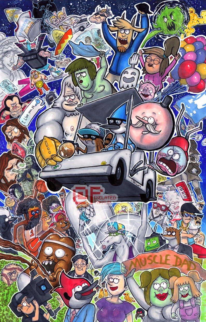 May include: A colorful illustration featuring characters from the animated television series Regular Show. The characters are depicted in various poses and settings, including a golf cart, a giant muscle man, and a unicorn. The illustration is filled with vibrant colors and details, making it a fun and engaging piece of fan art.