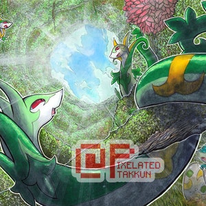 Peut inclure: Une illustration numérique de quatre Pokémon verts et jaunes dans un décor de forêt. Les Pokémon sont entourés de feuillage vert et d'un ciel bleu. Le texte "RELATED TAKKUN" est visible dans le coin inférieur droit de l'image.