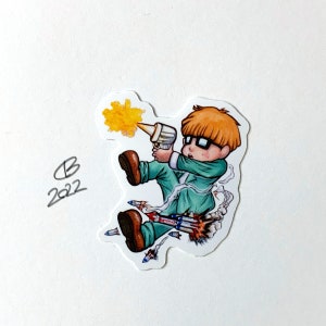 Könnte beinhalten: Eine Cartoon-Illustration einer Person mit Brille und grünem Anzug, die eine gelbe und weiße Spielzeugpistole hält. Die Person ist von kleinen, explodierenden Raketen umgeben.