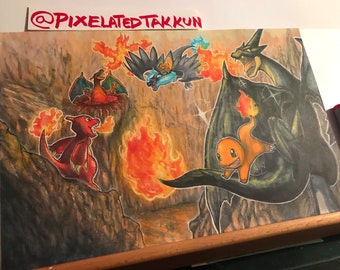 Original Framed Painting: Poke Days Charmander Family