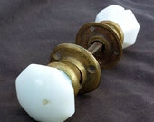 RARE Antique Vintage Pair Doorknob Door Milk White Glass Brass Base Shank Knobs