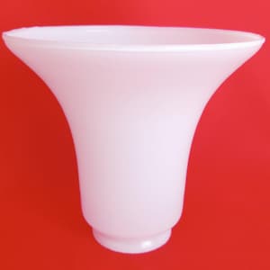 May include: A white, translucent glass lamp shade with a smooth, flared, trumpet-like silhouette. The shade features a wide, circular opening at the top that tapers down to a narrower, cylindrical base designed for attachment to a light fixture.