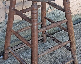 Antique Vintage Reclaimed Salvaged Rustic Country Primitive Farmhouse Solid Wood Wooden Bar Accent Side Dining Pub Stool Seat Chair Decor