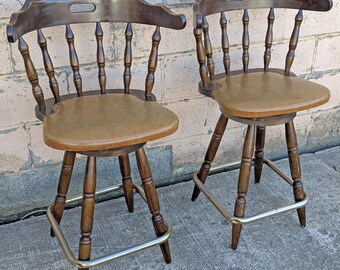 Pair of Vintage Old Reclaimed Salvaged Tall High Upholstered Vinyl SOLID Wood Wooden Side Bar Stool Dining Chair Seat Backrest Tavern