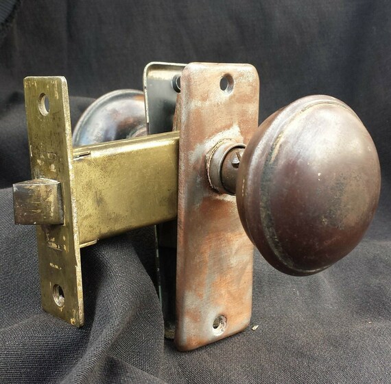 Vintage Antique Copper Steel Closet Pantry Door Lockset Passage Set Knobs Doorknobs Plates Lock
