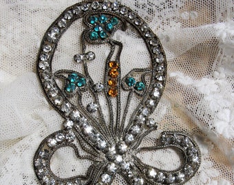 GORGEOUS Antique FRENCH Flapper Silver Metal and Stone Applique, Sparkling Diamonte Paste Stones,Bow Shape Applique,Glittering Paste Stones