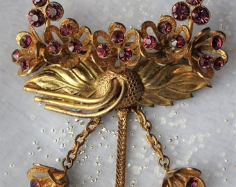 AMAZING 1940s Huge Brooch, JOSEFF of Hollywood Style,Brooch with Drops, Purple Glass Stones,Unique Brooch, Collectible Vintage Jewelry