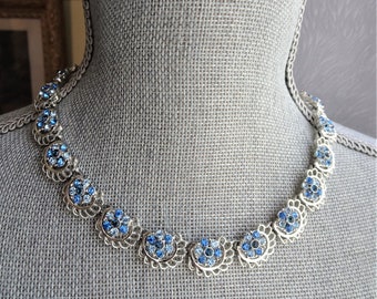LOVELY Mid Century Necklace,Sparkling Faceted Blue Crystal Glass Stones,Silver Tone Metal,Bridal Jewelry,Collectible Vintage Jewelry