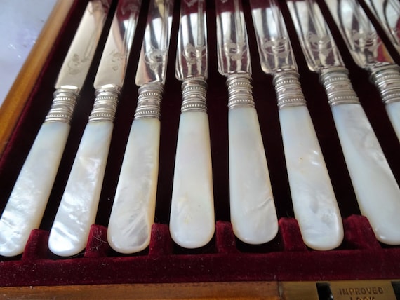 LOVELY Antique Mother of Pearl Flatware Cased Set forks Knives cased Set of 24 English Sterling Silver Lustrous Pearl Handles vintage Silver Etsy Canada