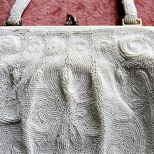 GORGEOUS Vintage Belgium Hand Beaded Large Evening Hand Bag, Special Occasion Purse, White Glass Beads White Enamel Frame, Walborg, Belgium