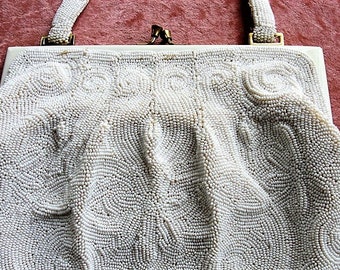 GORGEOUS Vintage Belgium Hand Beaded Large Evening Hand Bag, Special Occasion Purse, White Glass Beads White Enamel Frame, Walborg, Belgium