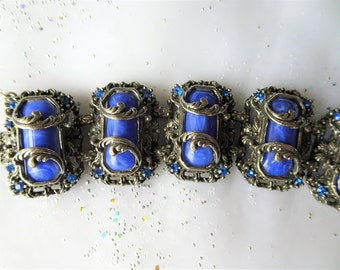 GORGEOUS Art Deco Bracelet,Art Glass Silver Metal Bracelet,Ornate Bracelet,Wide Cuff Bracelet,Blue Slag Glass,Collectible Vintage Jewelry