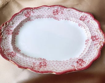 LOVELY Antique Ironstone PINK Transferware Platter, Entitled QUEBEC, Very French Decor, Made by Ridgways England, Useful and Decorative