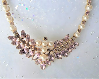 LOVELY Glass and Pearl Vintage Necklace,Pale Lavender Glass Necklace,Evening Wear or Bridal Necklace, Collectible Mid Century Jewelry
