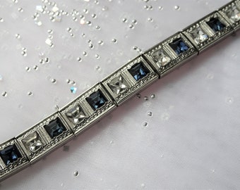 ART DECO Antique BRACELET,Gatsby Bracelet,Bridal Bracelet,Roaring 20s Sparkling White and Blue Sapphire Paste Stones,Antique Wedding Jewelry