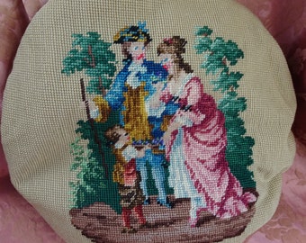 LOVELY Antique Needlepoint and Velvet Pillow, Period Couple and Young Child, Decorative Cushion, French Decor, Romantic Decor