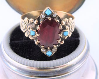 BEAUTIFUL Antique Georgian Flat Cut Garnet, Turquoise and Seed Pearls Ring,  14 Kt Gold, Lovely Design, Quality  Collectible Antique Jewelry