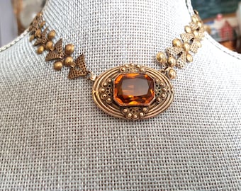 BEAUTIFUL Victorian Necklace, Unique Chain Design, Central Topaz Color Glass Stone, Side Front Clasp, Lovely Unique Antique Necklace