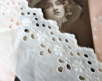LOVELY Antique French White On White Embroidered Trim Scallop Edges Perfect For Dolls Christening Gowns Bonnets Bridal Weddings Lace Trim