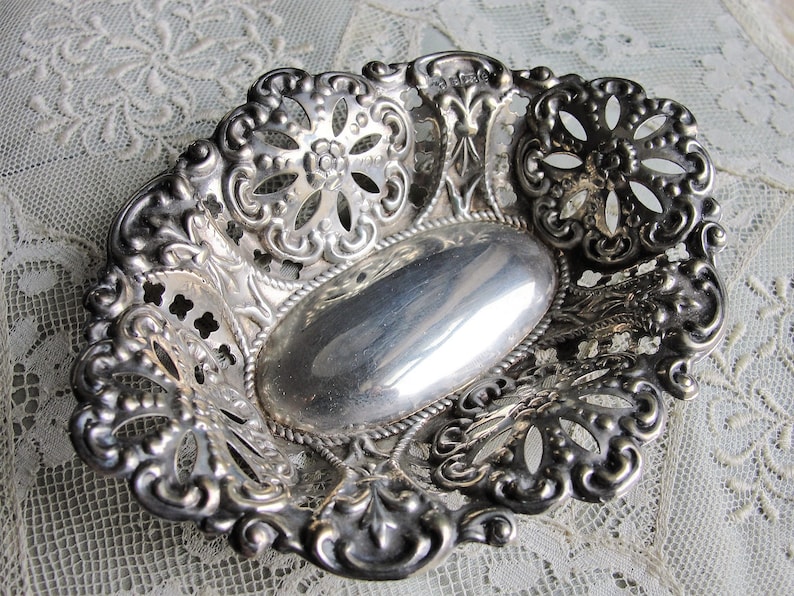 GORGEOUS Antique English Sterling Silver Ornate Dish,Lace Like Open Work,English Sterling Hallmarks, Fancy Floral Pattern,Collectible Silver image 1