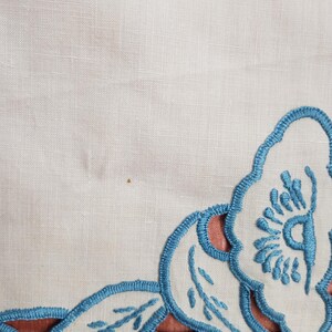 May include: Close-up of a white fabric with a decorative border. The border features a blue embroidered design with floral and leaf motifs. The fabric is set against a peach-colored background.