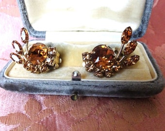 GLAMOROUS Vintage 50s SHERMAN Earrings,Swarovski Crystal Topaz, Lovely Design, Glass Clip On Earrings, Mid Century,Collectible Jewelry