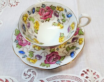 VINTAGE Royal Standard English Bone China Sumptuous Wide Teacup and Saucer,Royal Tudor Pattern, Lavish Cup and Saucer,Collectible Teacups