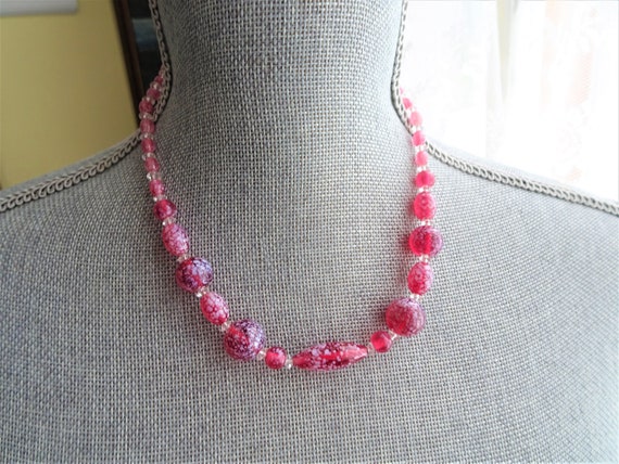 ANTIQUE Cranberry Art Glass Bead Necklace,Pretty … - image 1