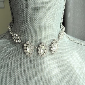 GLAMOROUS Art Deco Design Necklace,Sterling Silver,Austrian Crystal,Bridal Glass Necklace, Evening Necklace,Collectible Vintage Jewelry