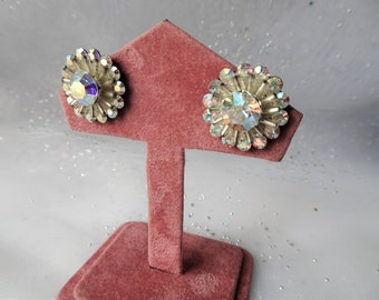 DAZZLING Art Glass Earrings,Mirror Like Sparkling Aurora Borealis Rhinestones,1950s Clip On Earrings,Mid Century,Collectible Vintage Jewelry