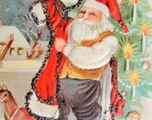 Antique Christmas Greeting Postcard Jolly Santa Mica Glitter Embellished Embossed Toys Highly Decorative Holiday Decor Not Used