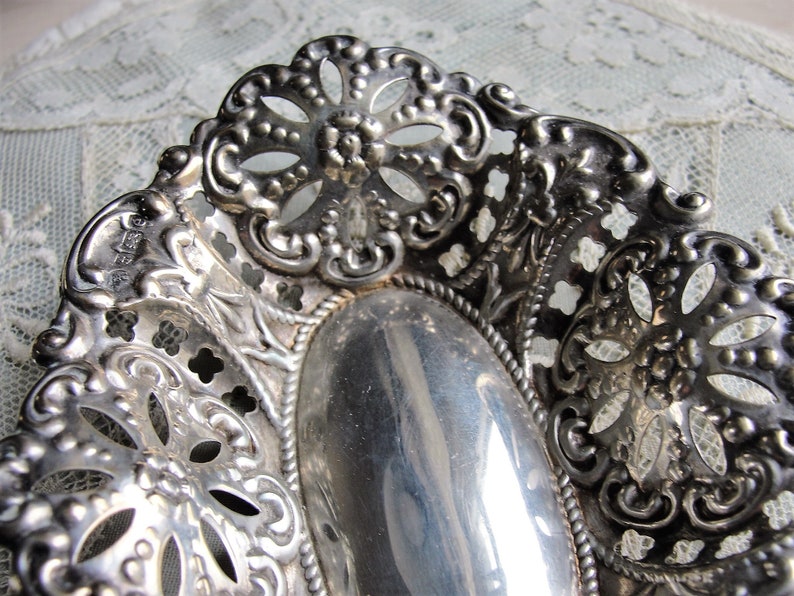 GORGEOUS Antique English Sterling Silver Ornate Dish,Lace Like Open Work,English Sterling Hallmarks, Fancy Floral Pattern,Collectible Silver image 3
