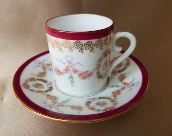 ANTIQUE Vienna Bone China DEMITASSE Cup and Saucer,Pink Roses,Ribbons,Cappuccino,Espresso Coffee Cup and Saucer,Collectible Cups and Saucers
