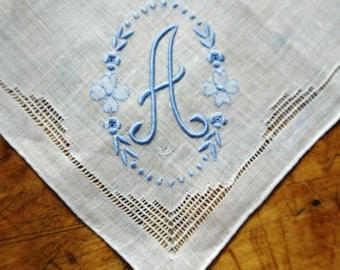 LOVELY Handkerchief,Art Deco Hanky,Raised Blue Embroidery,Monogram A,Bridal Hankie,Madeira Hanky, Linen Hanky,Collectible Vintage Hankies