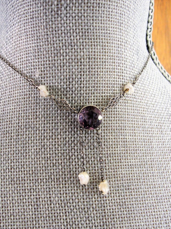 ANTIQUE Lavalier,Amethyst and Fresh Water Pearl Dr