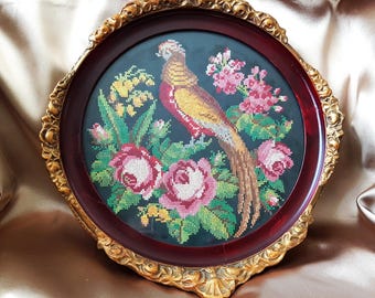 VICTORIAN Needlework in Ornate Frame, Exotic Bird, Pink Roses and Flowers, Beautiful Wood and Gilt Frame,Large Antique Decorative Needlework
