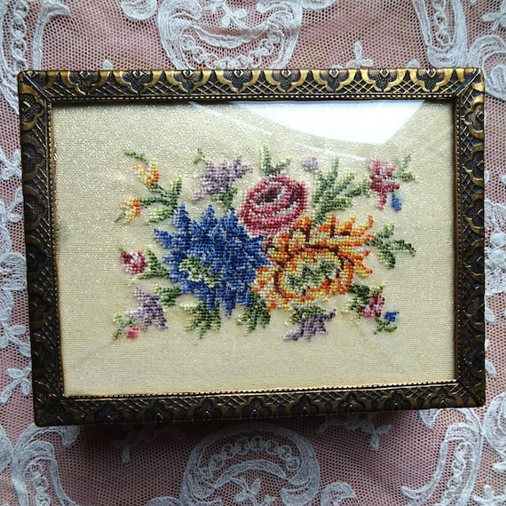 LOVELY Vintage Trinket Box, Petit Point Embroidered Flowers, Embossed Ormolu Lidded Box ,Ornate Dresser Jewelry Box, Collectible Boxes