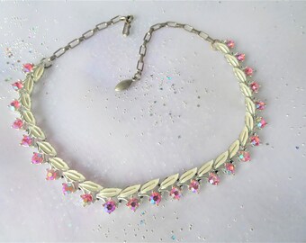 BEAUTIFUL Vintage Necklace, Perfect Bridal Necklace, Enamel, Pink Rhinestones, Lovely Vintage 1950s Necklace, Collectible Vintage Jewelry