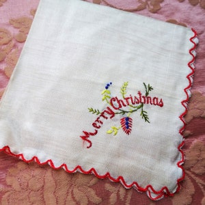 BELLISSIMO antico BUON NATALE Hanky ricamato, fazzoletto di seta rosa, regalo perfetto Hanky, fazzoletti vintage da collezione