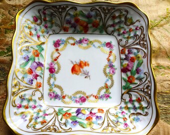 BEAUTIFUL Small Schumann Dresden Trinket Candy China Dish,Colorful Dresden Flowers, Decorative Porcelain,US Zone Germany,Collectible Dresden