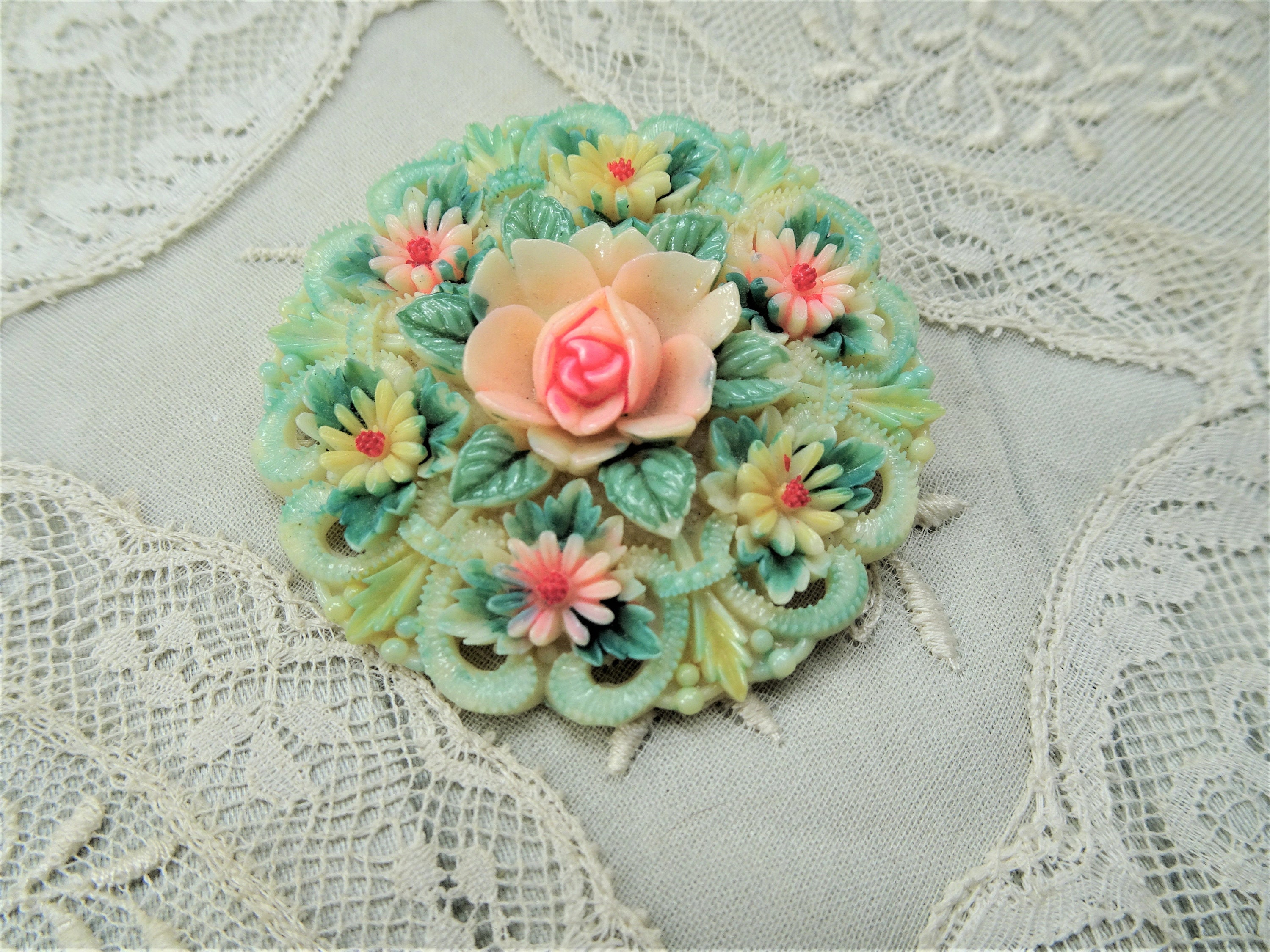 美品 vintage セルロイド バングル 彫刻 花 フラワー 年代物 セルロイドフラワー ラインストーン バングル ブレスレット