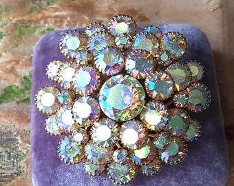 LOVELY Brooch,Sparkling AB Faceted Glass Large Layered Pin, Stunning Colors , Beautifully Made Mid Century Pin, Collectible Vintage Jewelry