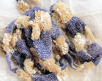 DECADENT Art Deco Flapper Era Iridescent Beaded Trim Lavender Beads Beige Sequins on Netted Lace Vintage Embellishment Lace Beaded Textile