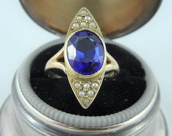 GORGEOUS Art Deco Ring, Seed Pearls and Large Blue Sapphire Gold Ring, Beautiful Color and Deco Design, Collectible Antique Rings
