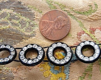 RARE bordure Art déco à clapet, bordure en celluloïd noir et strass, strass en pâte, bandeau à clapet, poupées, bordure en perles d'embellissement vintage