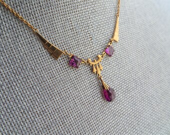 BEAUTIFUL Art Deco Necklace, Amethyst Color Glass Stones, Gold Tone Setting, Antique 1920s German Necklace, Collectible Vintage Jewelry