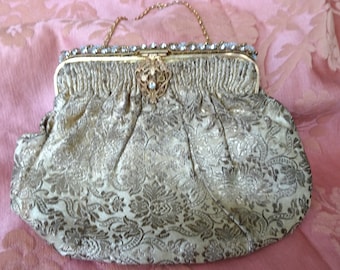 ART DECO 1920s FRENCH Brocade Purse Evening Bag,Gold Brocade and Metal Gold Flapper Era, Birks Bag, Collectible Antique Purses, Bridal Bag