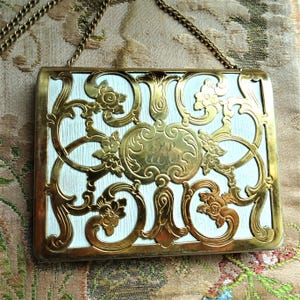 BEAUTIFUL Antique Purse, Engraved German Gilt Silver and White Leather Dance Purse, Calling Card Case,Business Card Holder ,Lovely Monogram