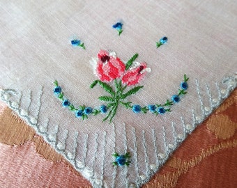 LOVELY Vintage Petit Point Handkerchief,Fine Workmanship,Hand Embroidery Hanky,Wedding Bridal,Something Blue,Collectible Vintage Hankies